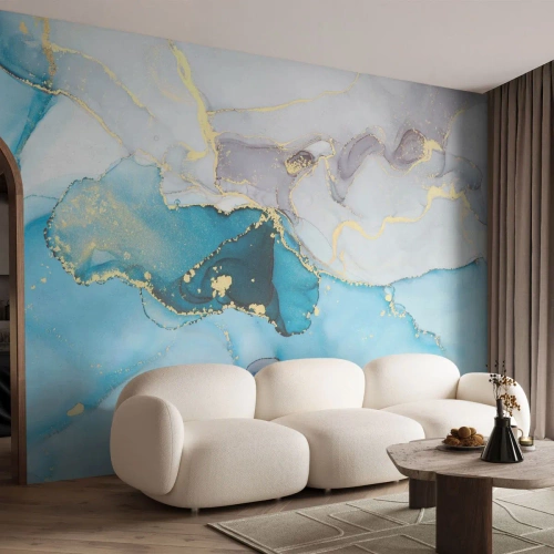 Photo Wallpaper Premium Sand - Study in Grey and Turquoise Encounter - Abstraction, Piece, Modern Pattern - 150x105 cm