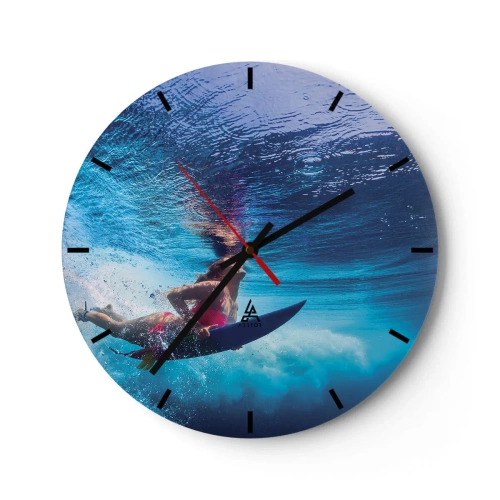 Wall clock - Clock on glass - A surfer underwater in a dynamic scene - 30x30cm - Depth of Joy - Modern wall decoration for the living room, kitchen, and bedroom ARTTOR