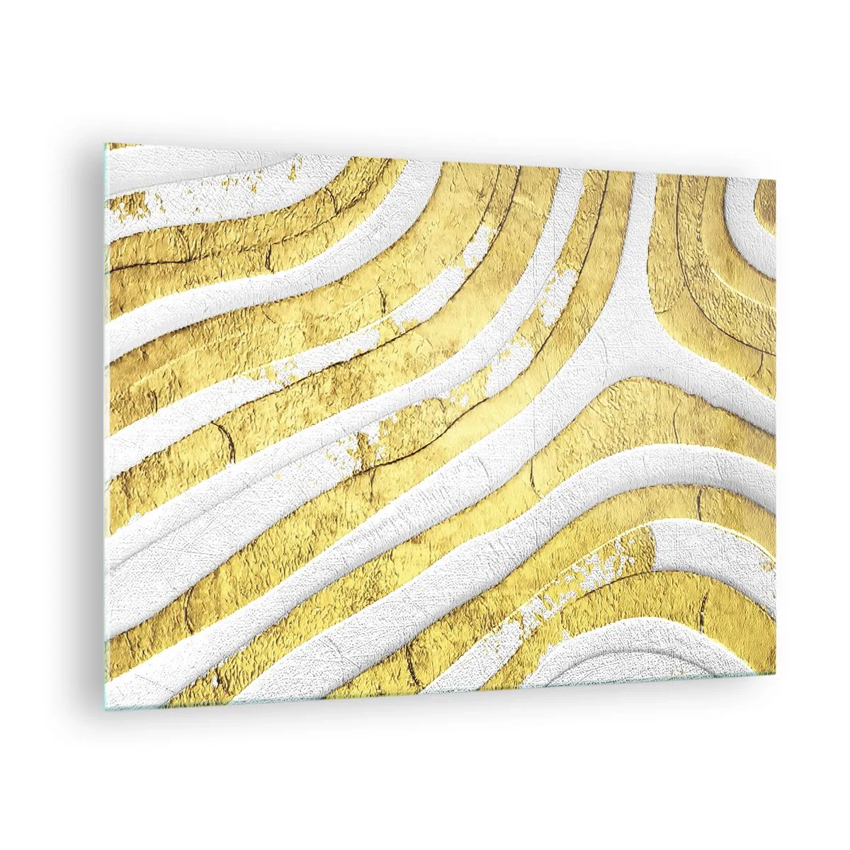 Glass picture - Abstract gold and white waves with a textural effect - 70x50cm - Composition in White and Gold - Modern wall decoration for the living room and bedroom ARTTOR