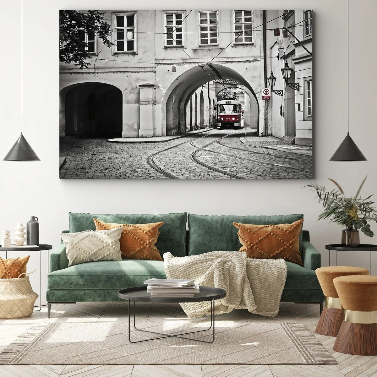 Canvas picture - A black and white tram in a historic city street - 70x50cm - Through City Labirynth - Modern wall decoration for the living room and bedroom ARTTOR