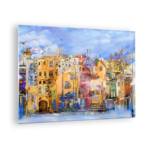 Glass picture - Colorful tenement houses in an artistic urban setting - 70x50cm - We Are Together - Modern wall decoration for the living room and bedroom ARTTOR