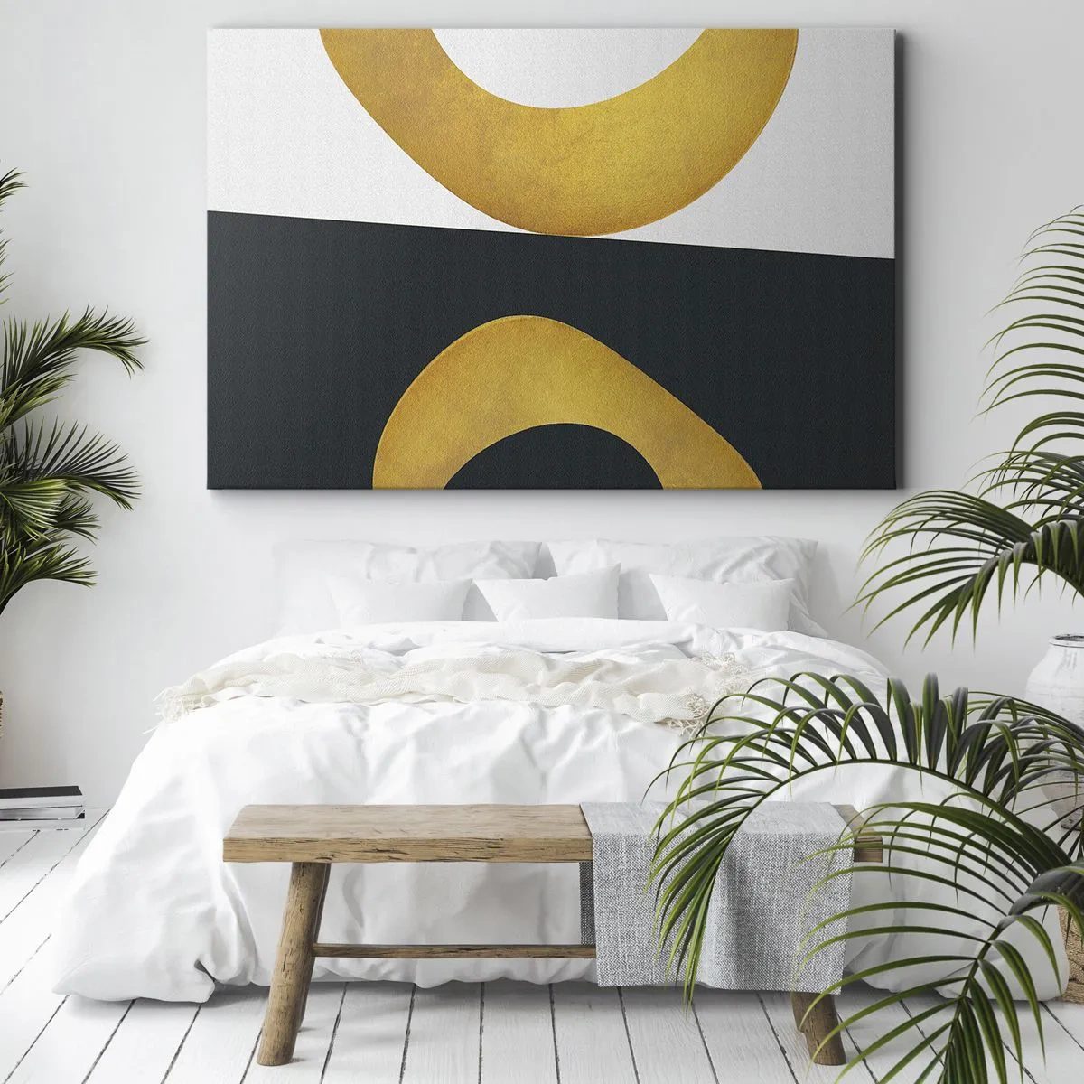 Canvas picture - Geometric shapes in gold on a white and dark background - 70x50cm - First Of All: Gold - Modern wall decoration for the living room and bedroom ARTTOR