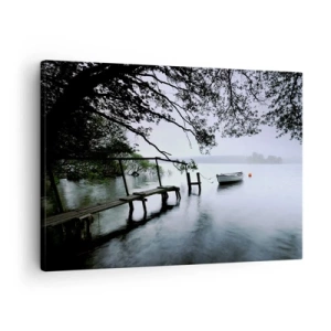Canvas picture - A jetty over the water with a boat in the background surrounded by a misty landscape - 70x50cm - You Are Resting Now - Modern wall decoration for the living room and bedroom ARTTOR