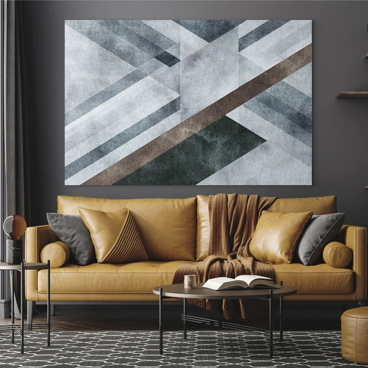 Glass picture - Geometric abstraction in cool tones with a dark green accent - 70x50cm - Refined Elegance of Geometry - Modern wall decoration for the living room and bedroom ARTTOR