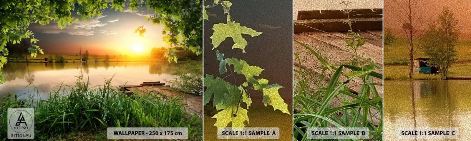 Photo Wallpaper Sample Premium Sand - Landscape in a Green Frame - Landscape, Lake, Wooden Bridge - 100x30 cm