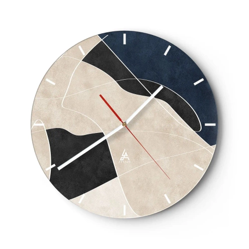 Wall clock - Clock on glass - Minimalist forms in beige, black and navy blue with a white line - 30x30cm - Abstract Composition - Contrast of Colours - Modern wall decoration for the living room, kitchen, and bedroom ARTTOR