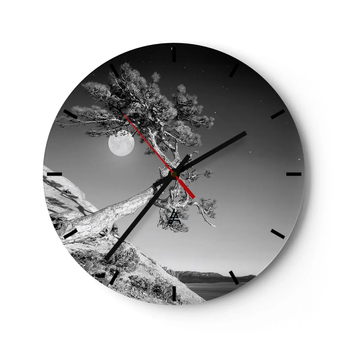Wall clock - Clock on glass - leaning tree on a rock with a full moon in the background - 30x30cm - Winning Warrior - Modern wall decoration for the living room, kitchen, and bedroom ARTTOR