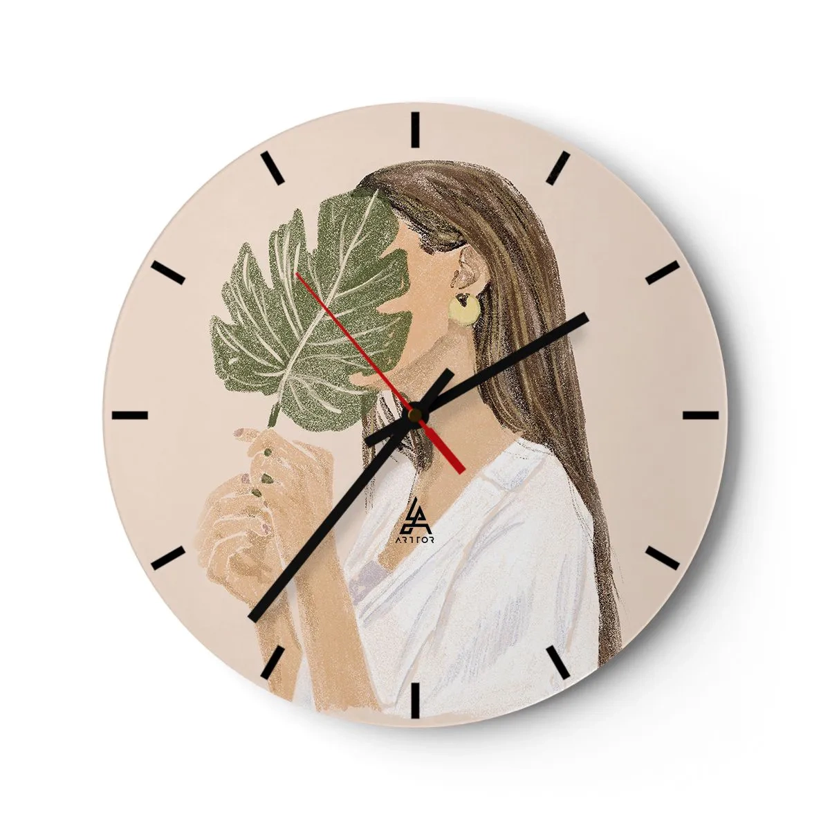 Wall clock - Clock on glass - A female silhouette obscured by a monstera leaf against a light background. - 30x30cm - Mysterious Portrait with a Fan - Modern wall decoration for the living room, kitchen, and bedroom ARTTOR