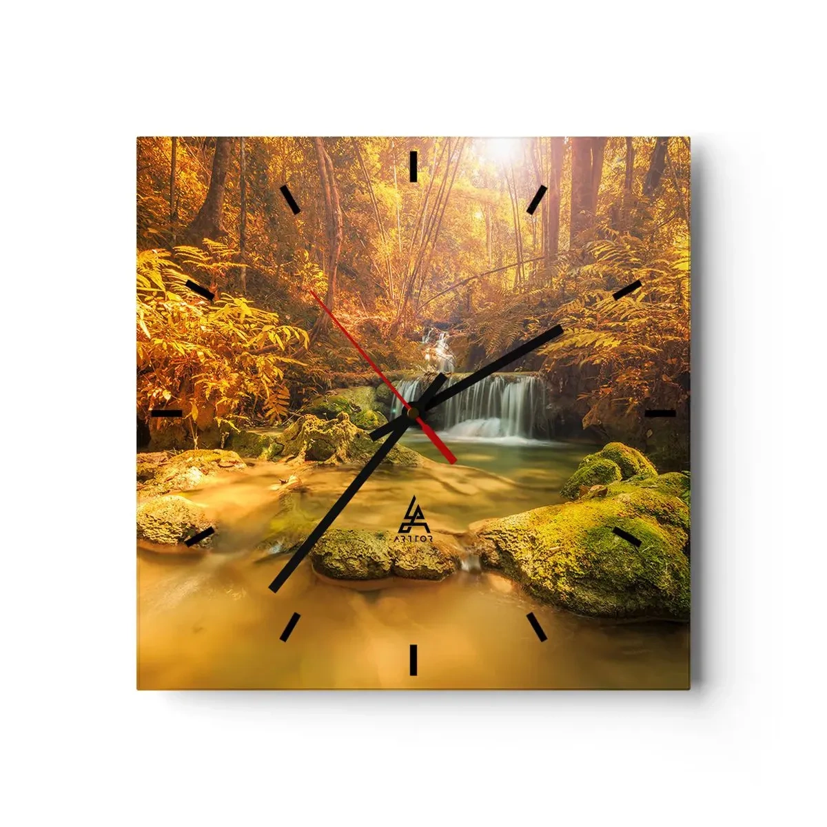 Wall clock - Clock on glass - Forest Cascade in Gold - 30x30 cm