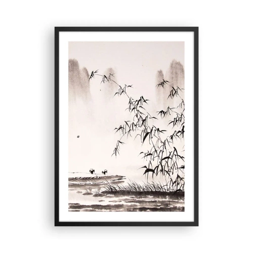 Poster in black frame - A minimalist landscape with bamboo in an oriental style. - 50x70cm - Quiet As a Rice Field - Modern wall decoration for the living room and bedroom ARTTOR