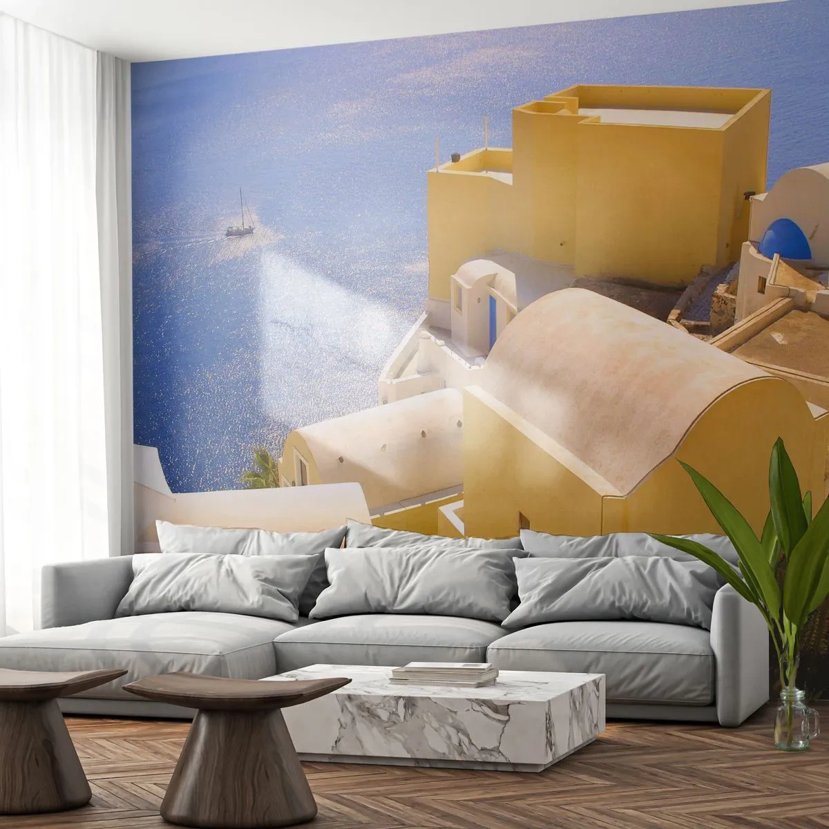 Photo Wallpaper Premium Sand - Greek Landscape in White and Blue - Landscape, Santorini, Greece - 100x70 cm