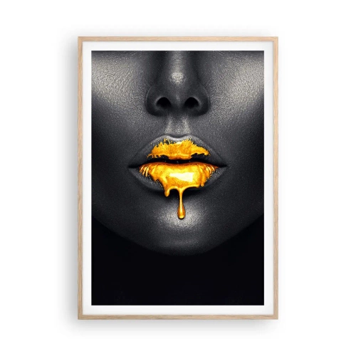 Poster in light oak frame - Golden Lips - 70x100 cm