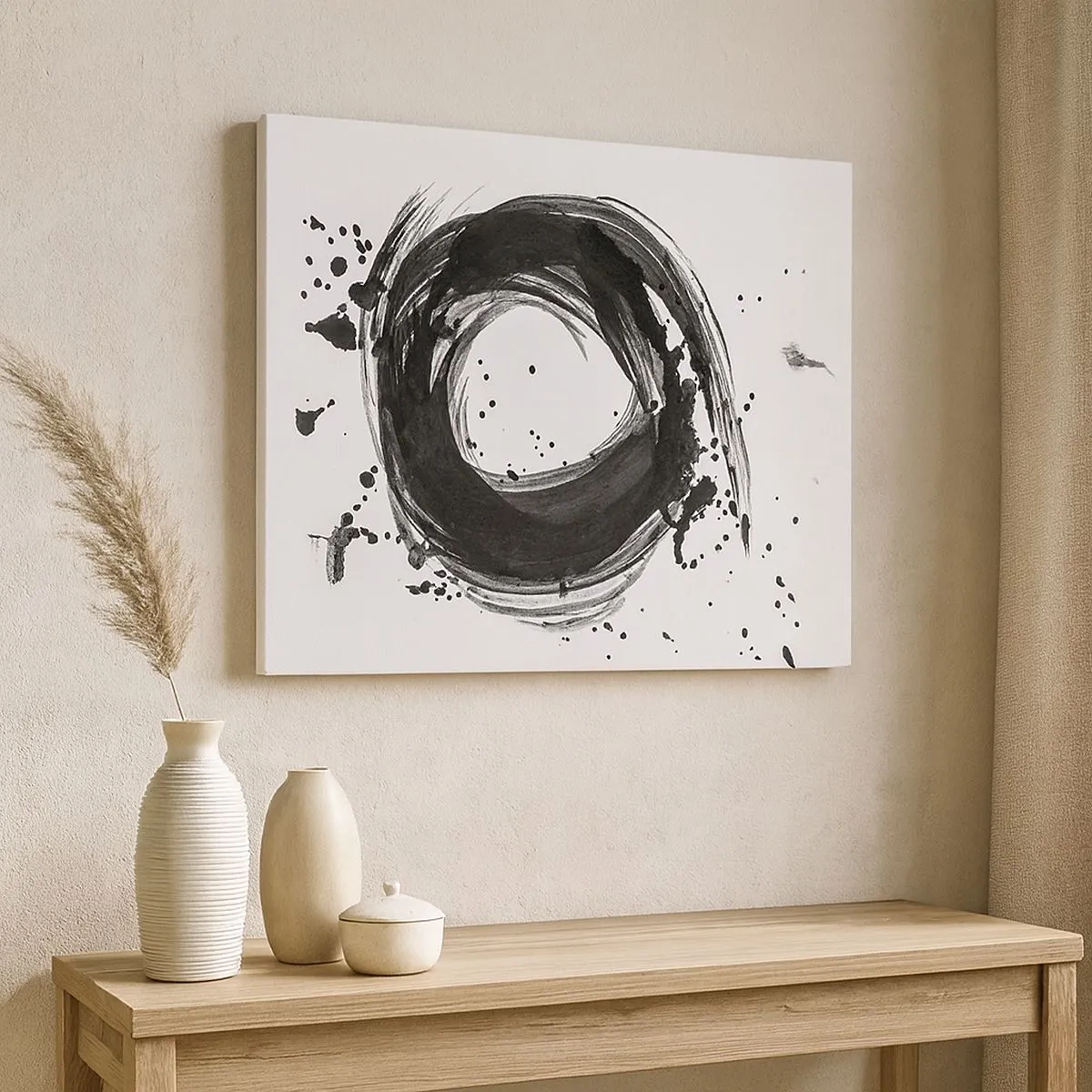 Canvas picture - Black abstraction in the form of a circle on a white background - 70x50cm - Whirl of Creation - Modern wall decoration for the living room and bedroom ARTTOR