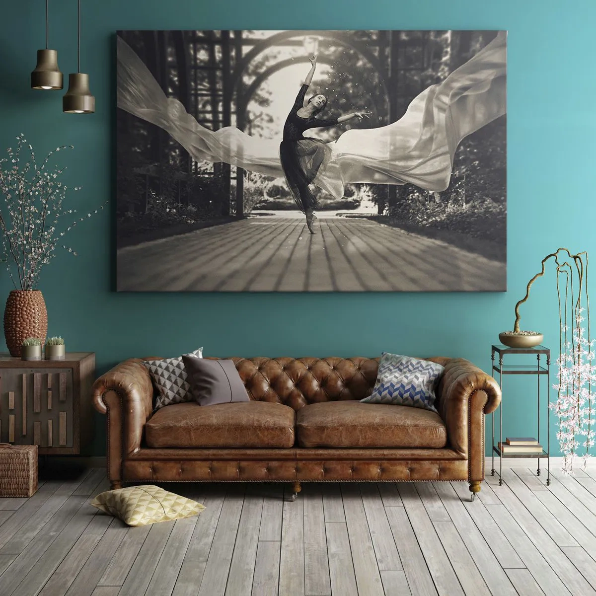 Canvas picture - A dancer in a flowing dress performs a jump against a black and white garden backdrop. - 70x50cm - Dance of the Garden Spirit - Modern wall decoration for the living room and bedroom ARTTOR