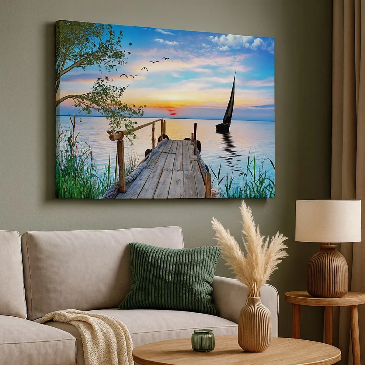 Canvas picture - Lake pier with boat and sunset - 70x50cm - Good Evening - Modern wall decoration for the living room and bedroom ARTTOR