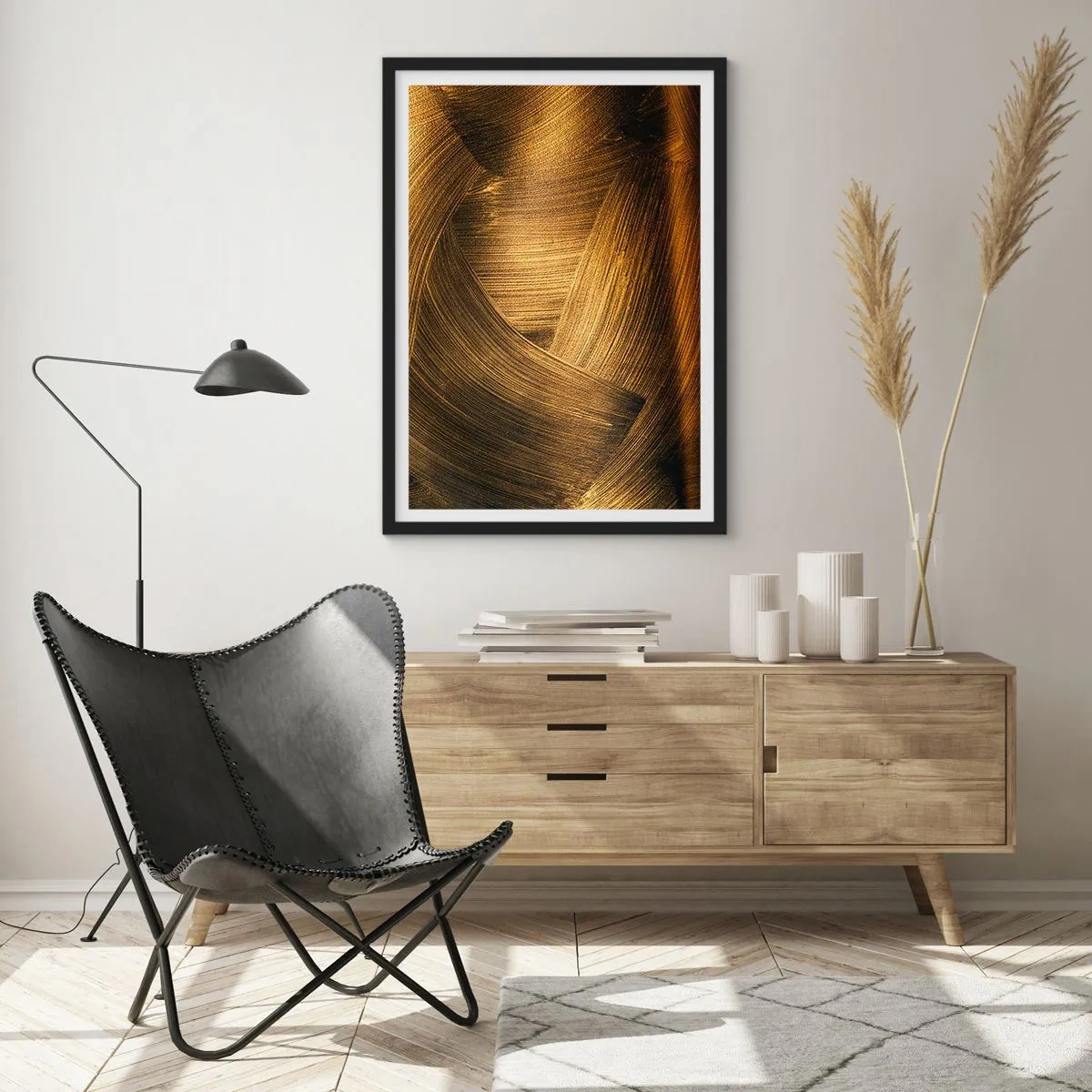 Poster in black frame - Abstract golden brush strokes on a dark background - 50x70cm - In a Golden Labirynth - Modern wall decoration for the living room and bedroom ARTTOR
