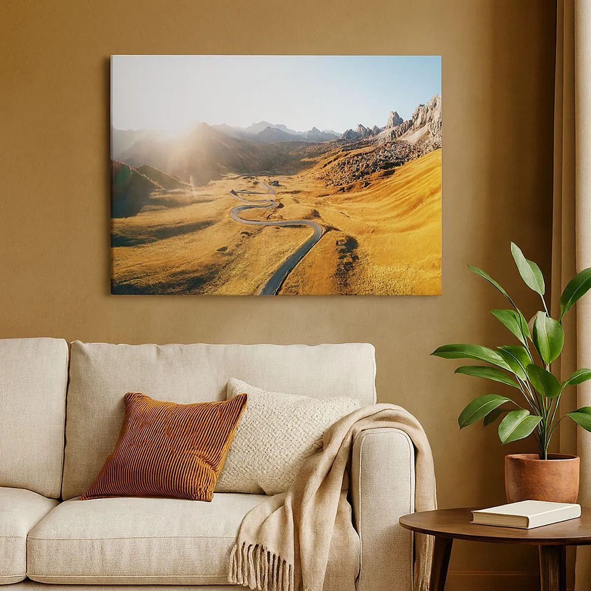 Canvas picture - winding road in the mountains lit by the setting sun - 70x50cm - In a Golden Valley - Modern wall decoration for the living room and bedroom ARTTOR