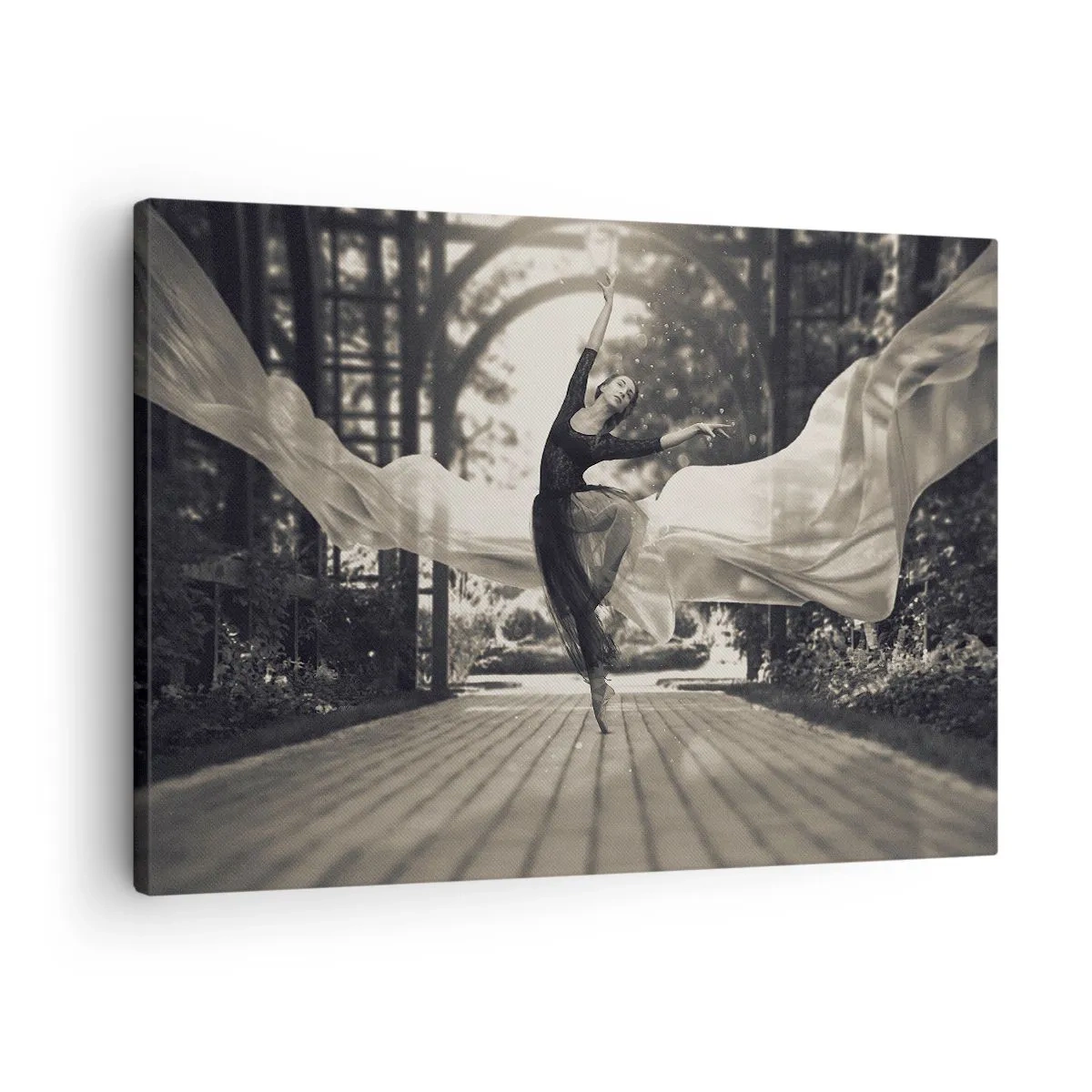 Canvas picture - A dancer in a flowing dress performs a jump against a black and white garden backdrop. - 70x50cm - Dance of the Garden Spirit - Modern wall decoration for the living room and bedroom ARTTOR