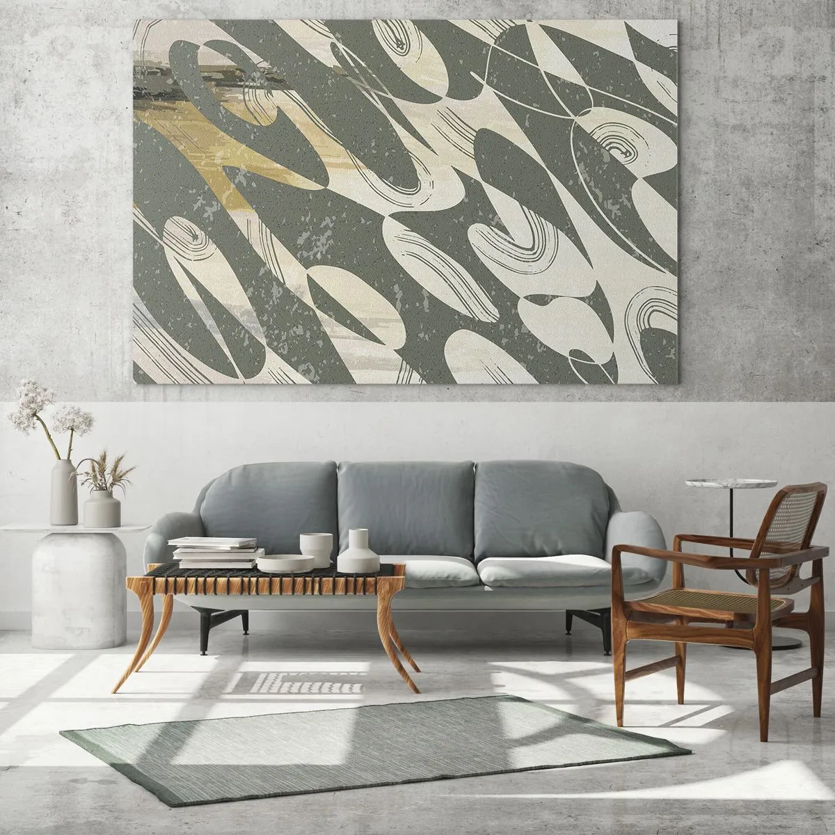 Glass picture - A green and beige composition with dynamic organic forms - 70x50cm - Rhytmic Abstract - Modern wall decoration for the living room and bedroom ARTTOR