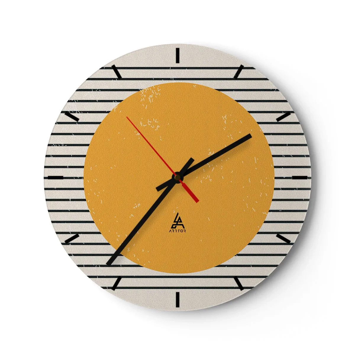 Wall clock - Clock on glass - An orange circle on a background of black and white stripes - 30x30cm - Power of Simplicity - Modern wall decoration for the living room, kitchen, and bedroom ARTTOR