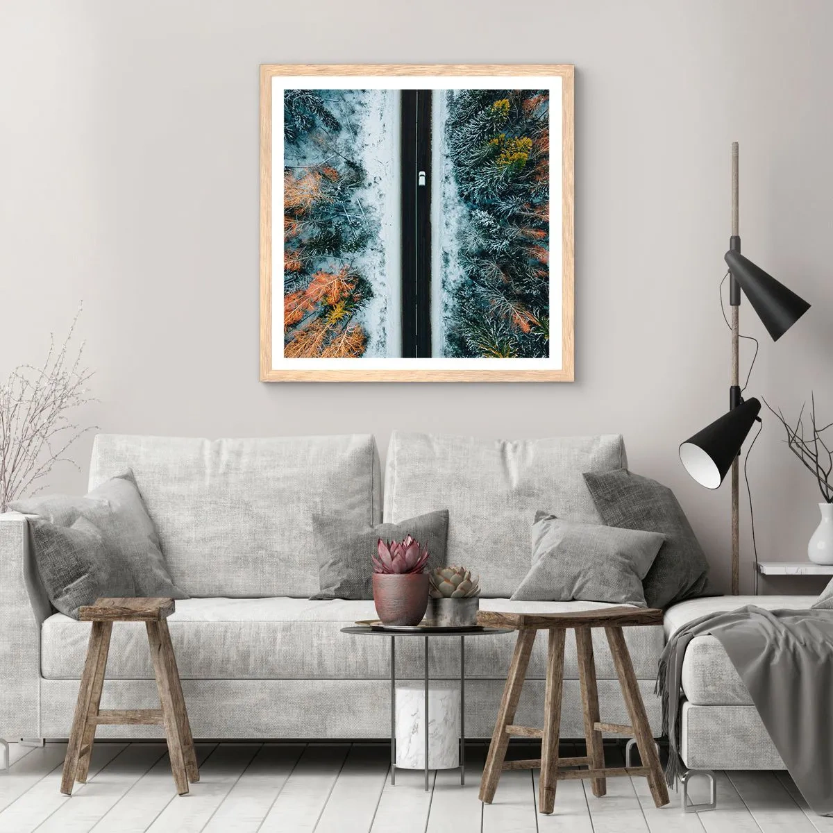 Poster in light oak frame - Through a Wintery Forest - 40x40 cm