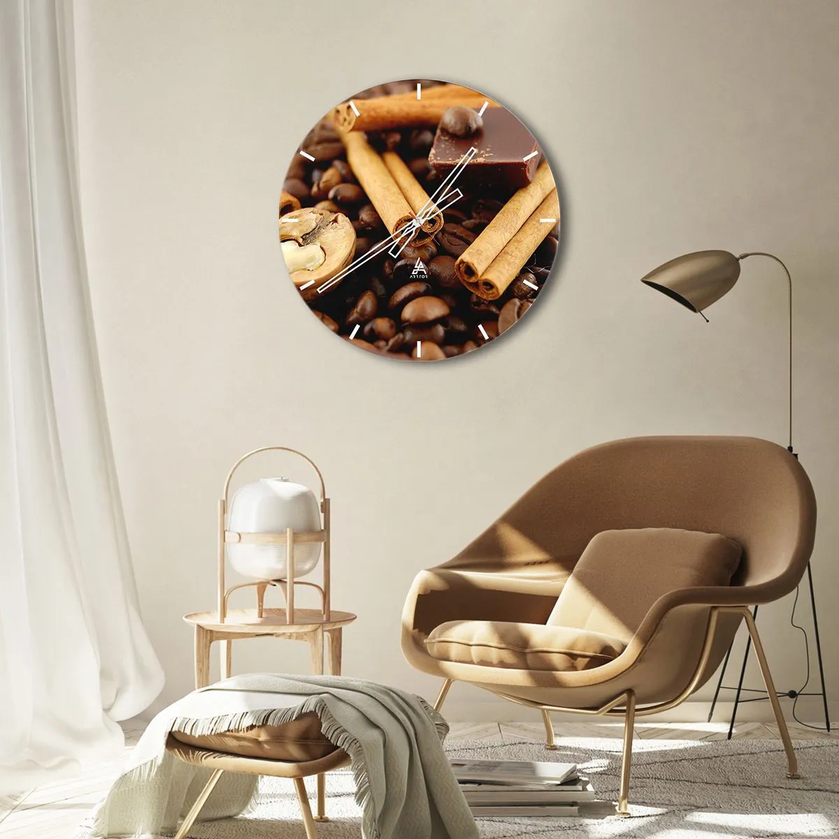 Wall clock - Clock on glass - Coffee beans, cinnamon and chocolate pieces - 30x30cm - Concert of Aromas - Modern wall decoration for the living room, kitchen, and bedroom ARTTOR