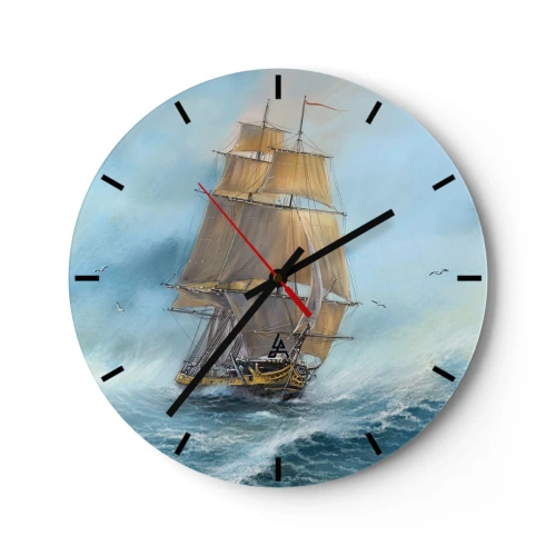 Wall clock - Clock on glass - A sailing ship in a stormy sea in a dynamic setting - 30x30cm - Gliding on the Waves - Modern wall decoration for the living room, kitchen, and bedroom ARTTOR