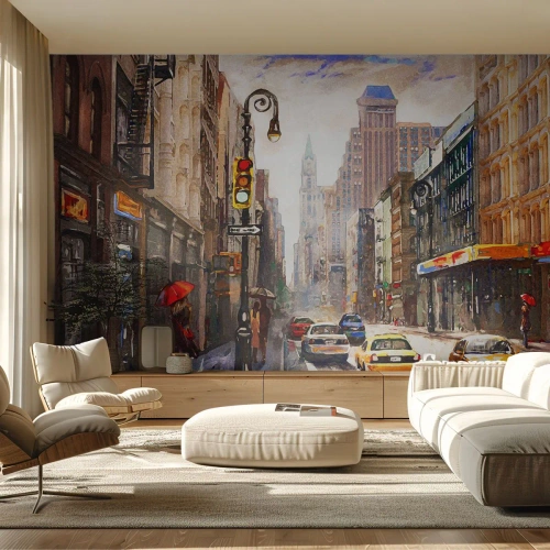 Photo Wallpaper Premium Canvas - New York - Colourful in Rain - New York, City, Manhattan - 500x350 cm