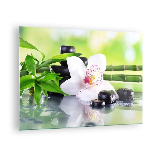 Glass picture - Orchid, bamboo and black stones against a green background - 70x50cm - Cool Freshness - Modern wall decoration for the living room and bedroom ARTTOR