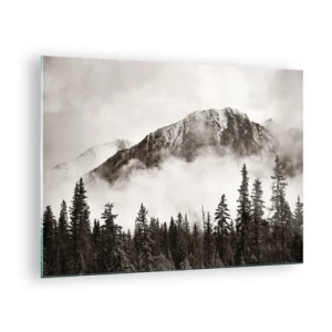 Glass picture - Mountain landscape with forest and fog in sepia tones - 70x50cm - Granite Ruler - Modern wall decoration for the living room and bedroom ARTTOR
