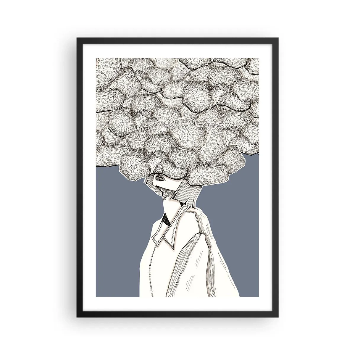 Poster in black frame - figure with a cloud instead of a head, stylized in shades of gray. - 50x70cm - With Head in the Clouds - Modern wall decoration for the living room and bedroom ARTTOR