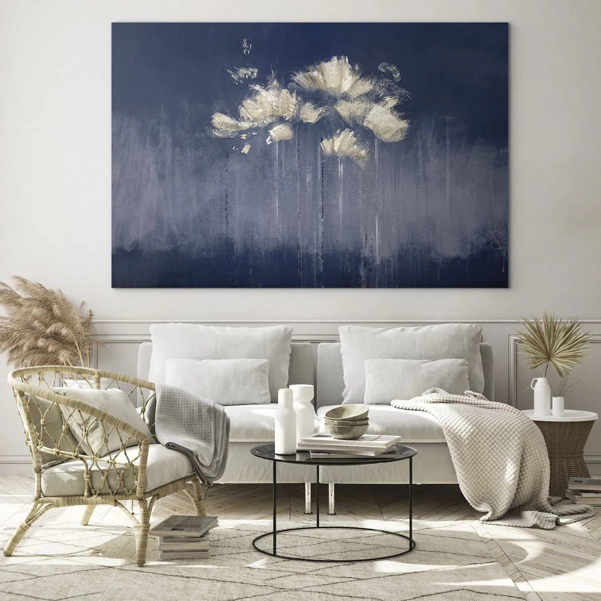 Glass picture - Gold abstract floral arrangement on a navy blue background - 70x50cm - Like Flakes in the Wind - Modern wall decoration for the living room and bedroom ARTTOR