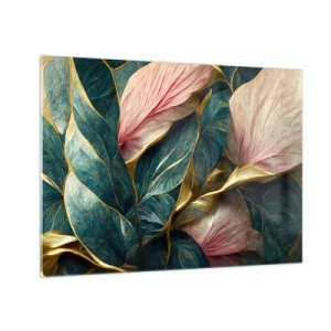 Glass picture - Green and pink leaves with gold accents - 70x50cm - Natural Elegance and Style - Modern wall decoration for the living room and bedroom ARTTOR