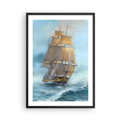 Poster in black frame - A sailing ship sailing through a stormy sea in a realistic style - 50x70cm - Gliding on the Waves - Modern wall decoration for the living room and bedroom ARTTOR