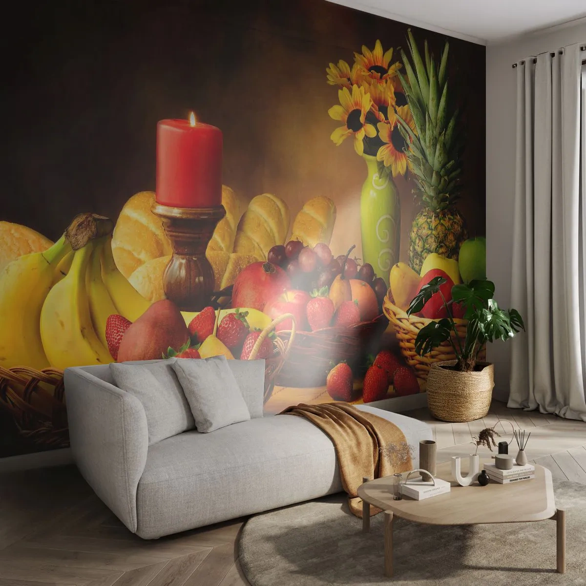 Photo Wallpaper Premium Canvas - Still Nature with Bread and Fruit - Gastronomy, Flowers, Fruit - 300x210 cm