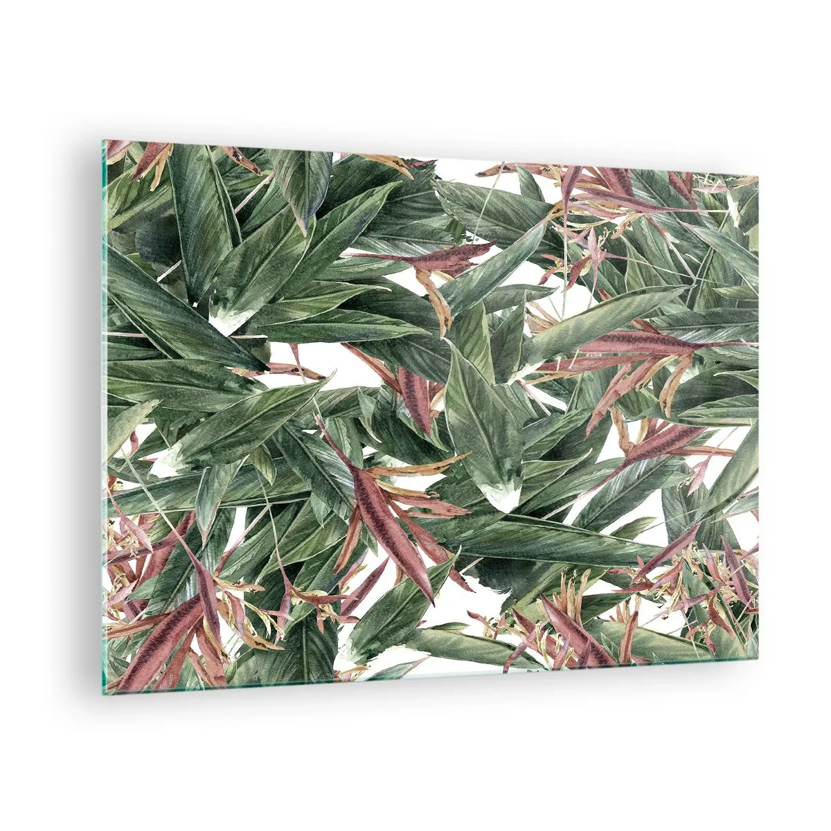 Glass picture - Leaves in shades of green and burgundy on a light background - 70x50cm - Emerald and Lilac Thicket - Modern wall decoration for the living room and bedroom ARTTOR