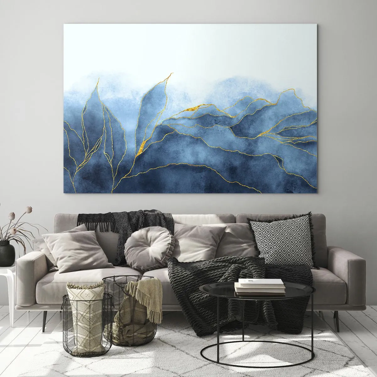 Glass picture - Abstract blue shapes with delicate gold lines. - 70x50cm - Blue In Gold - Modern wall decoration for the living room and bedroom ARTTOR