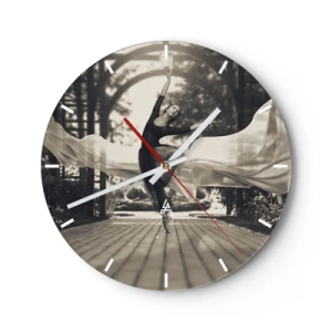 Wall clock - Clock on glass - A dancer in motion with flowing fabric in a black and white setting. - 30x30cm - Dance of the Garden Spirit - Modern wall decoration for the living room, kitchen, and bedroom ARTTOR