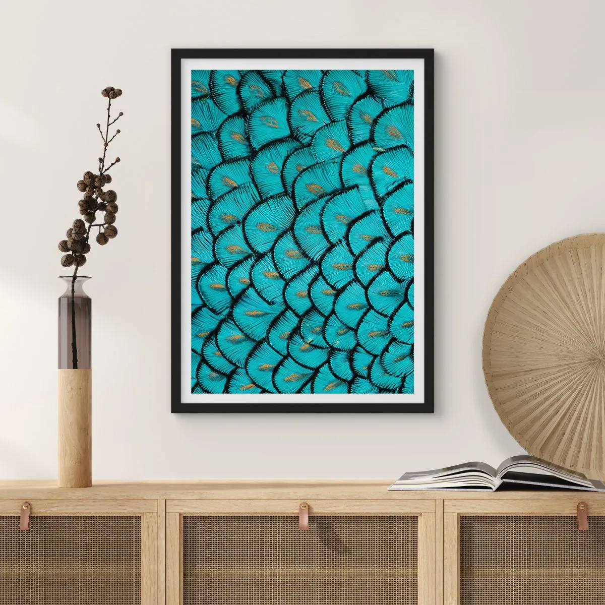 Poster in black frame - Macro photography of turquoise feathers with a unique pattern - 50x70cm - Great Feather Gala - Modern wall decoration for the living room and bedroom ARTTOR