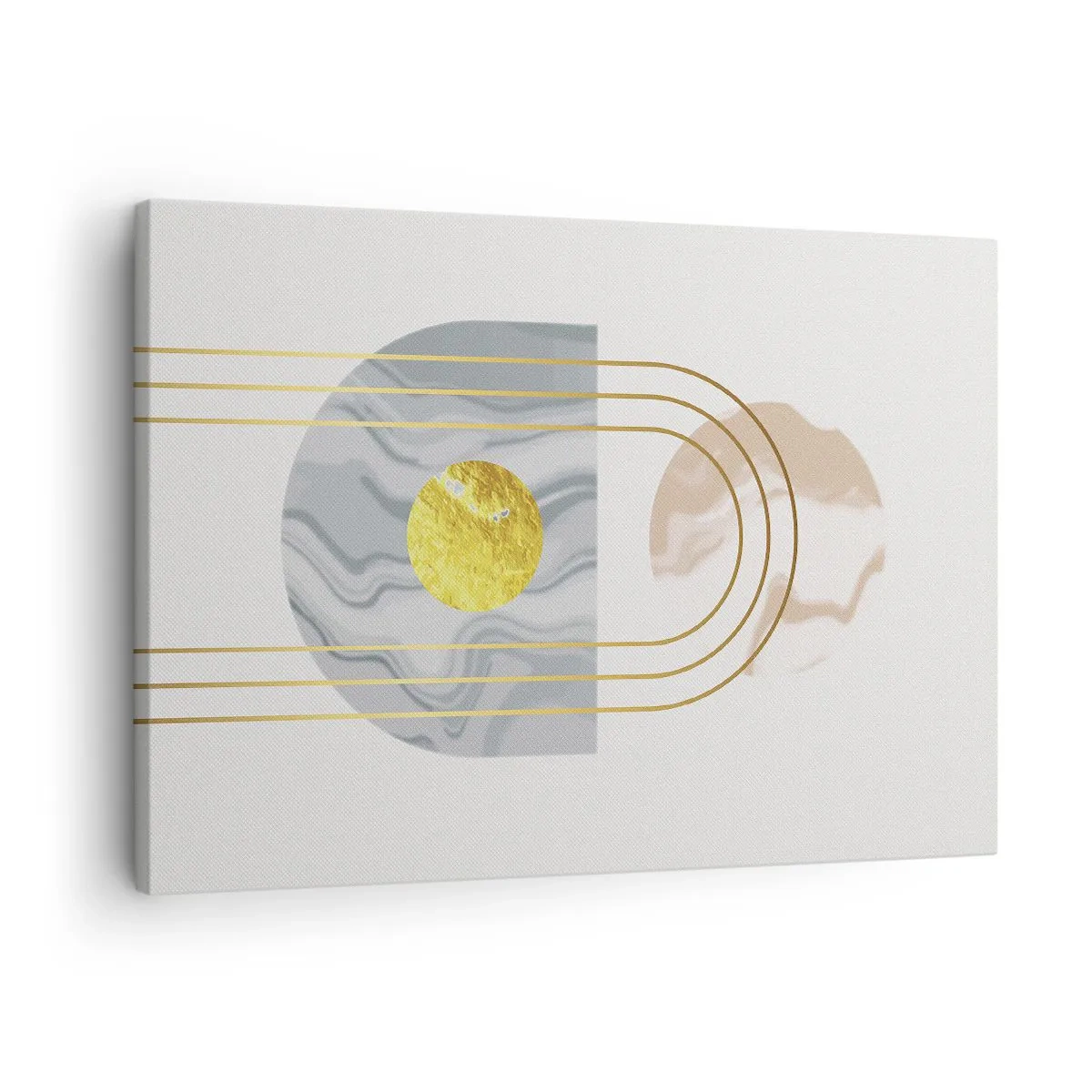 Canvas picture - Abstract composition with circles and golden lines on a light background. - 70x50cm - Brightness nad Shine - Modern wall decoration for the living room and bedroom ARTTOR
