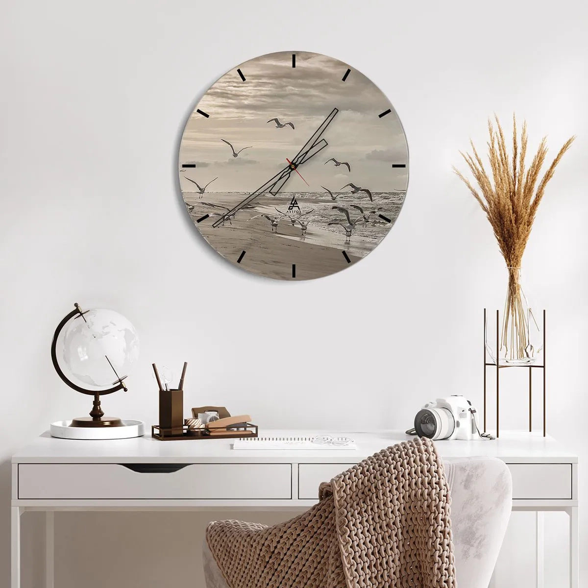 Wall clock - Clock on glass - Seagulls hovering over the seashore in the morning - 30x30cm - Sound of the Sea, Singing of the Birds - Modern wall decoration for the living room, kitchen, and bedroom ARTTOR