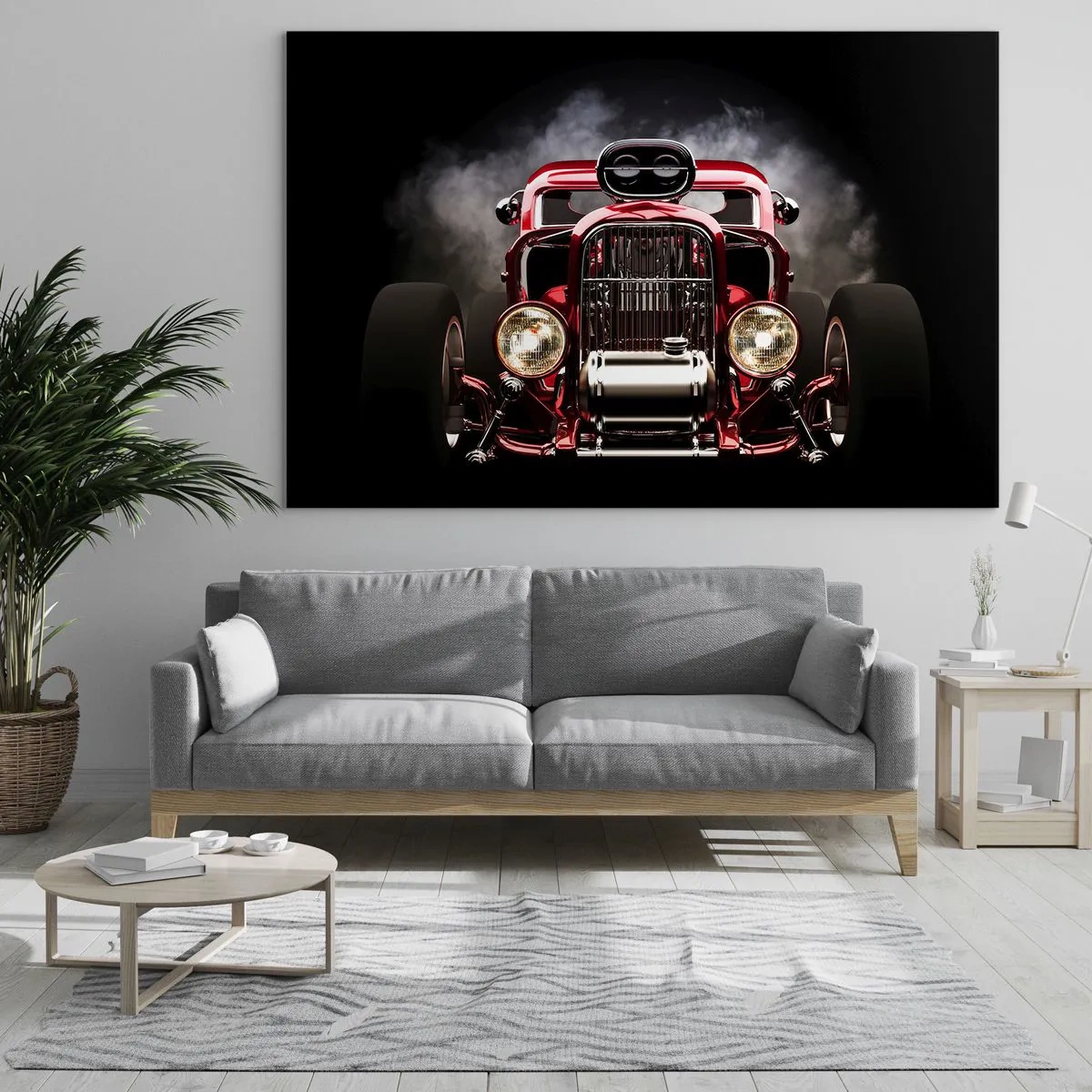 Glass picture - Red hot rod in thick smoke - 70x50cm - Fast and Furiously Beautiful - Modern wall decoration for the living room and bedroom ARTTOR