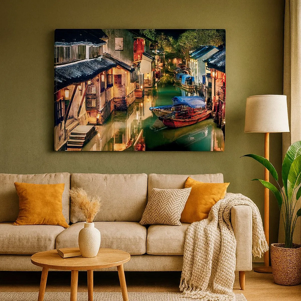 Canvas picture - Night view of the canals with traditional boats and houses - 70x50cm - Evening on a Chinese Street - Modern wall decoration for the living room and bedroom ARTTOR