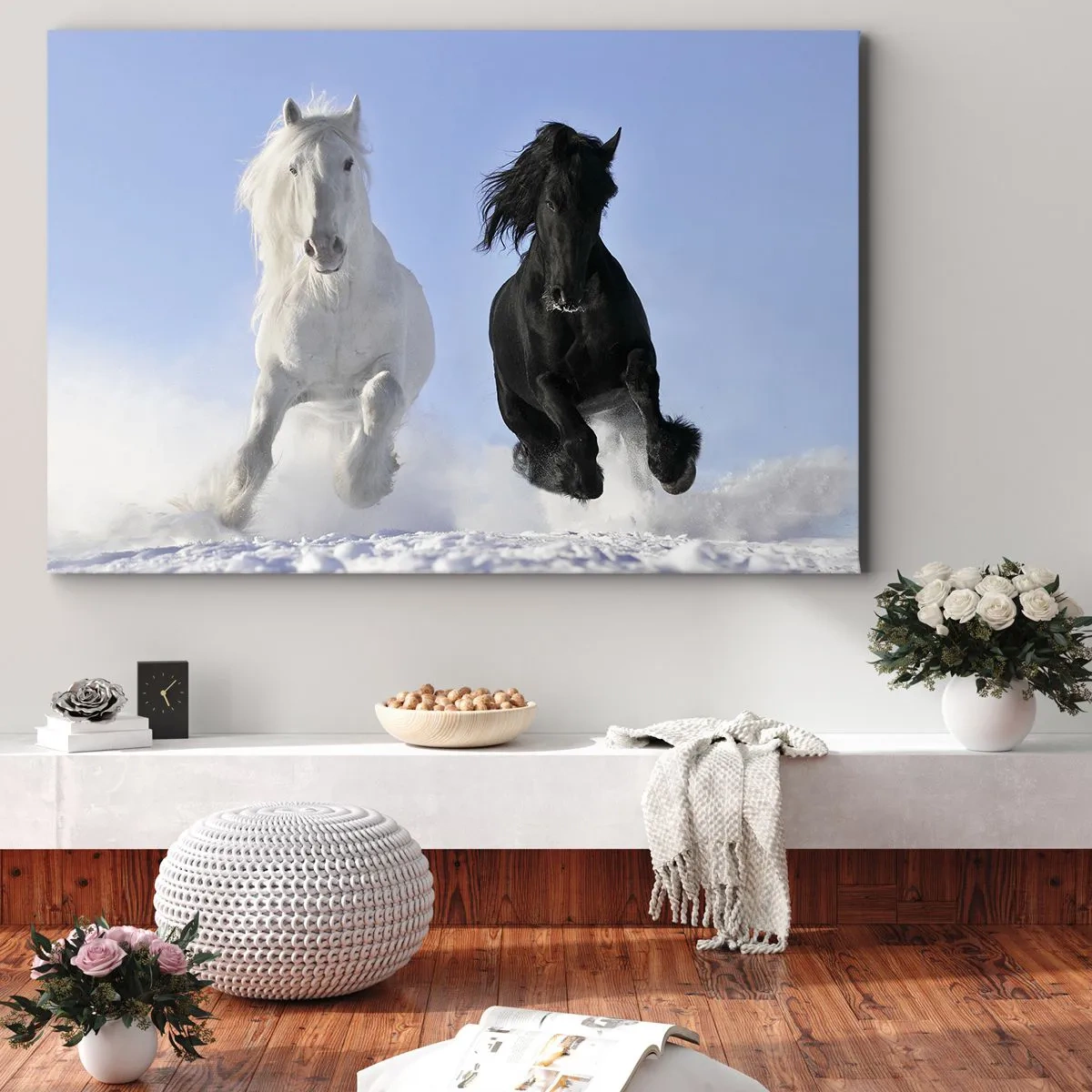 Canvas picture - A white and a black horse galloping through the snow - 70x50cm - Black and White Gallop - Modern wall decoration for the living room and bedroom ARTTOR