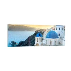 Glass picture - Santorini - Snuggling up to the Rocks - 90x30 cm