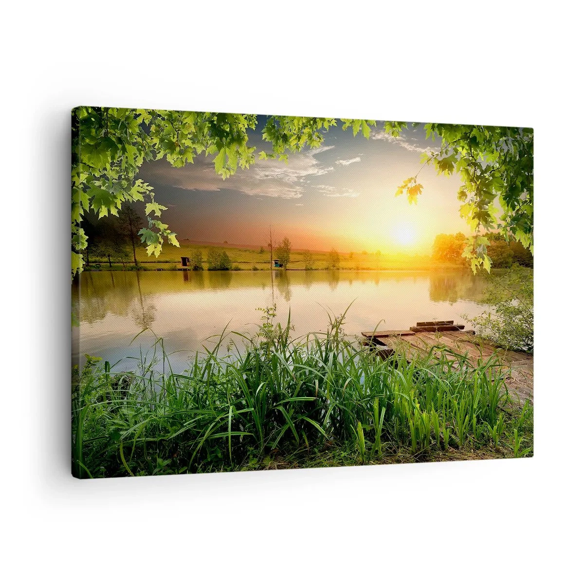 Canvas picture - Green landscape with a lake at sunset - 70x50cm - Landscape in a Green Frame - Modern wall decoration for the living room and bedroom ARTTOR