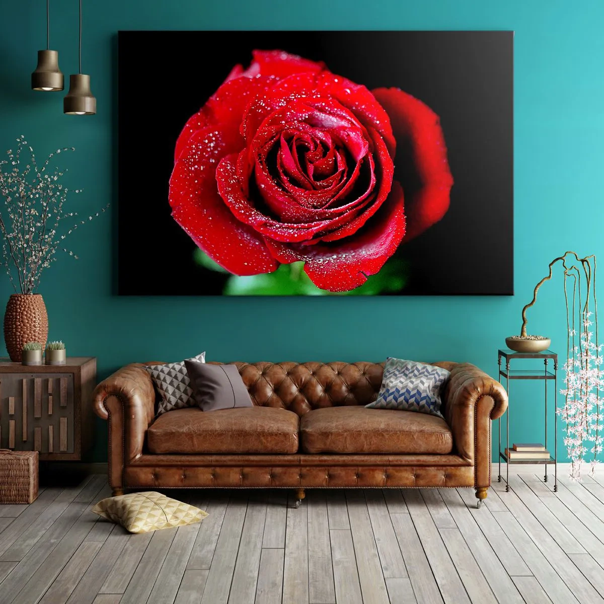 Canvas picture - A red rose covered with dew drops on a black background. - 70x50cm - This Is Love - Modern wall decoration for the living room and bedroom ARTTOR