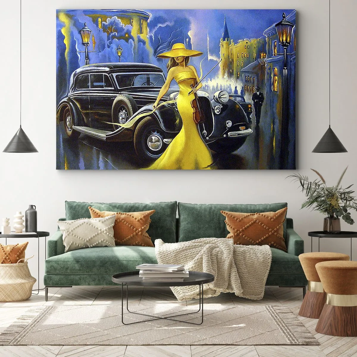 Canvas picture - A woman in a yellow dress with a violin next to a retro car. - 70x50cm - Nocturne for Violin and Love - Modern wall decoration for the living room and bedroom ARTTOR