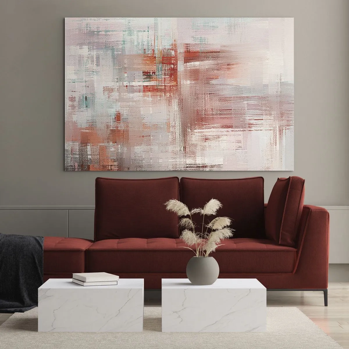 Glass picture - An abstract composition in shades of red and beige. - 70x50cm - Foggy but Pink - Modern wall decoration for the living room and bedroom ARTTOR