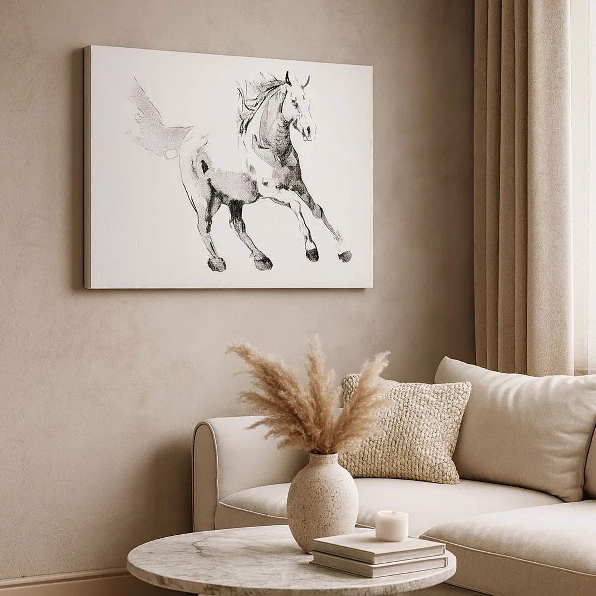 Canvas picture - Sketch of a galloping horse in shades of black and white - 70x50cm - Untamed Soul - Modern wall decoration for the living room and bedroom ARTTOR